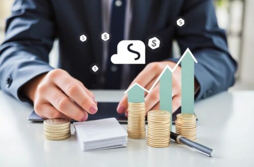 成長圖示與金幣堆疊，象徵資產累積與金融投資