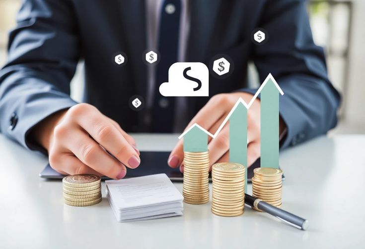 成長圖示與金幣堆疊，象徵資產累積與金融投資